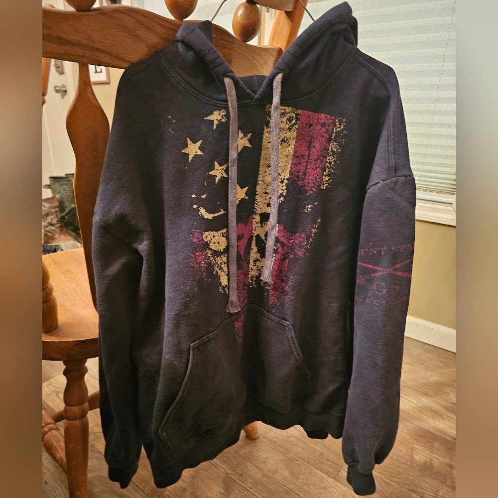 L Black Hoodie with Distressed Flag Design